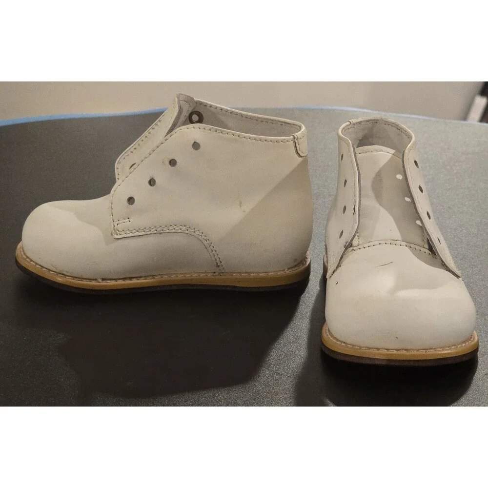 Vintage White Leather Baby Toddler Oxford Shoes Size 5 EEE Wide Leather Sole...